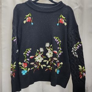 Black Scoop Neck Sweater with Floral Embroidery
